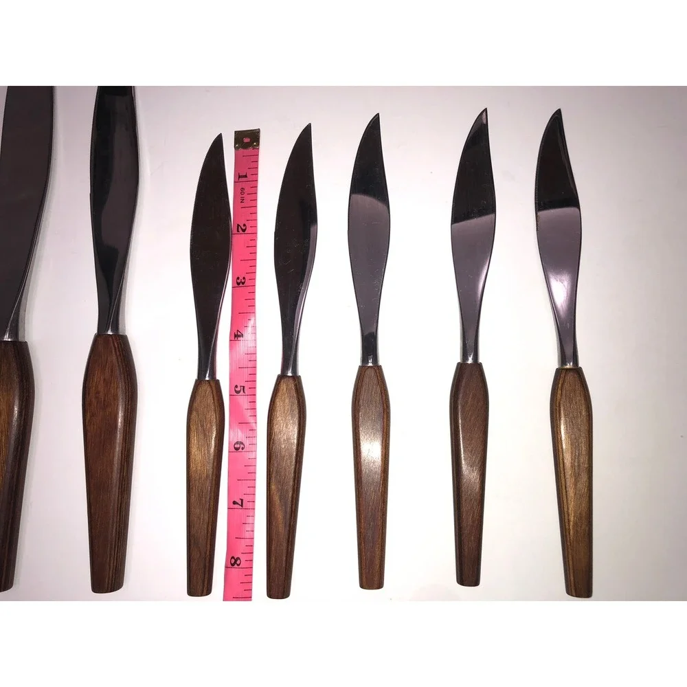 Vintage MCM Fleetwood  Teak Handles 5 Pc Steak Knife & 2‎ Carving Knife Set